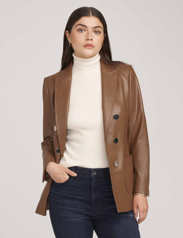 Anne Klein Vegan Leather Jacket With Patch Pockets- Sale Vicuna