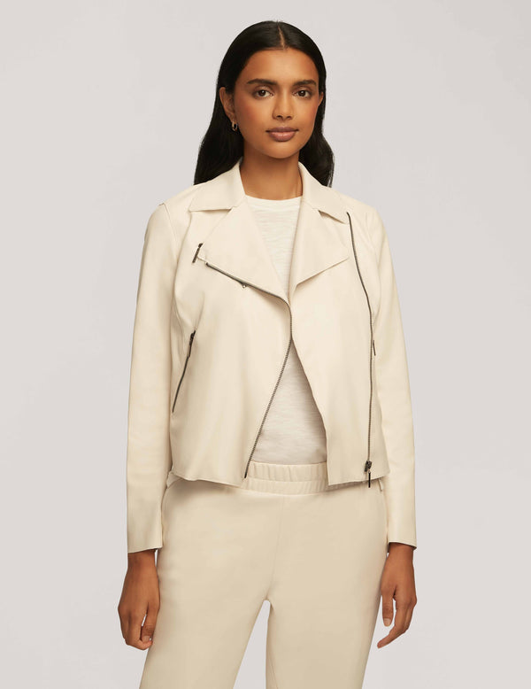 Anne Klein Vegan Leather Zip Front Moto Jacket- Sale Anne White