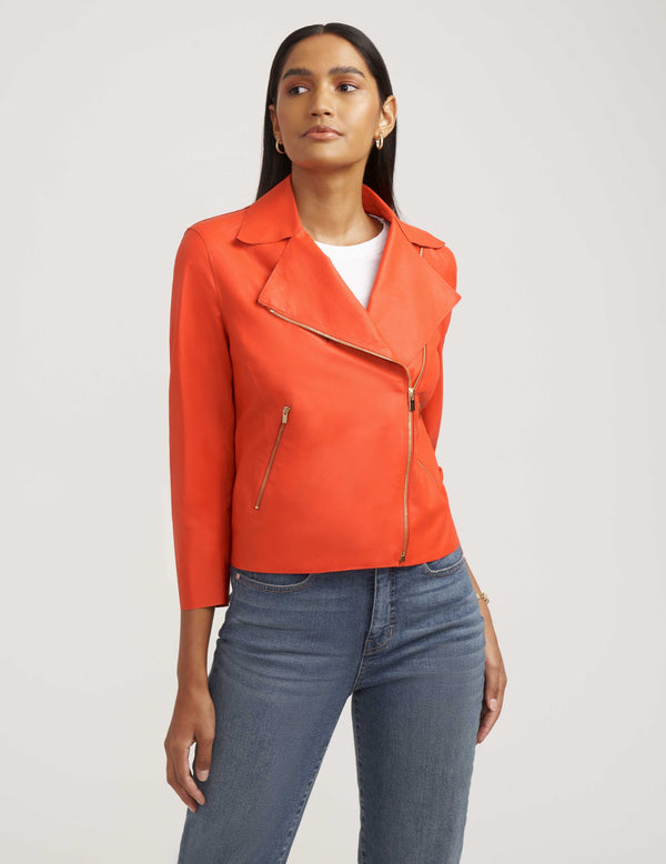 Anne Klein Zip Front Faux Leather Moto Jacket- Sale Poppy