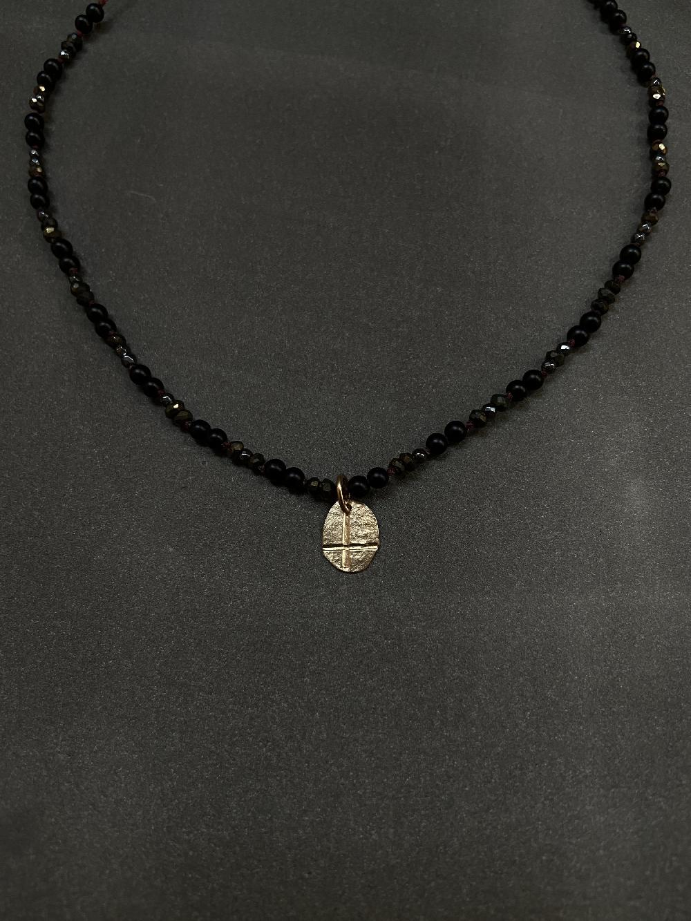Annie Costello Brown Onyx Mini Coin Cross 14k Gold