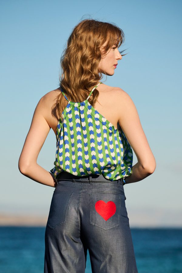 Annie P Halter Top Hearts Blue/White