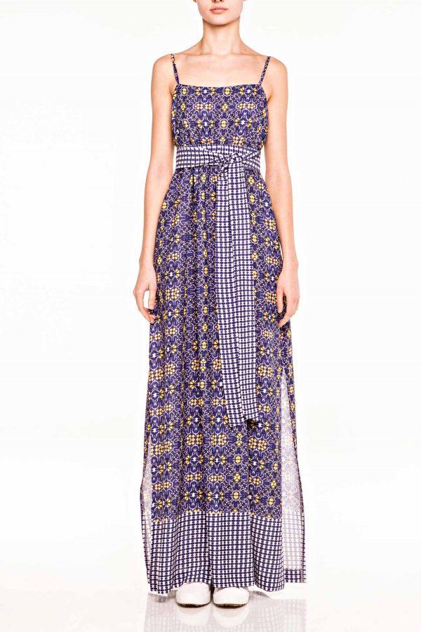 annie p Long Dress w Belt Midnight Mesh Border