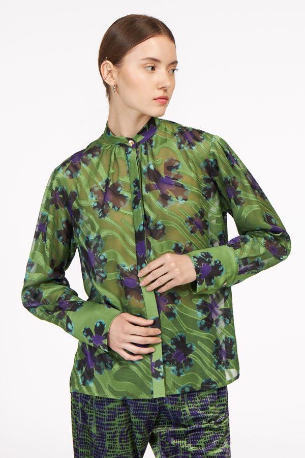 Annie P Shimmering Shirt Flowers Green