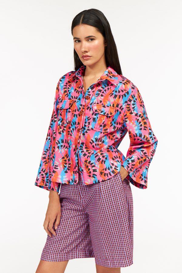 Annie P Short Safari Jacket Dancing Feathers Fuchsia