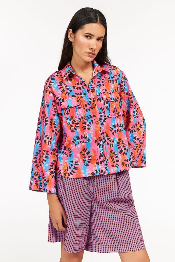 annie p Short Safari Jacket Dancing Feathers Fuchsia