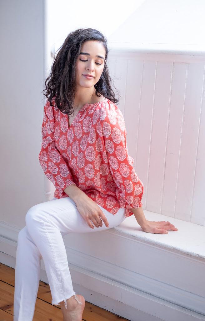 Anokhi Artisan Blouse In Coral Motif
