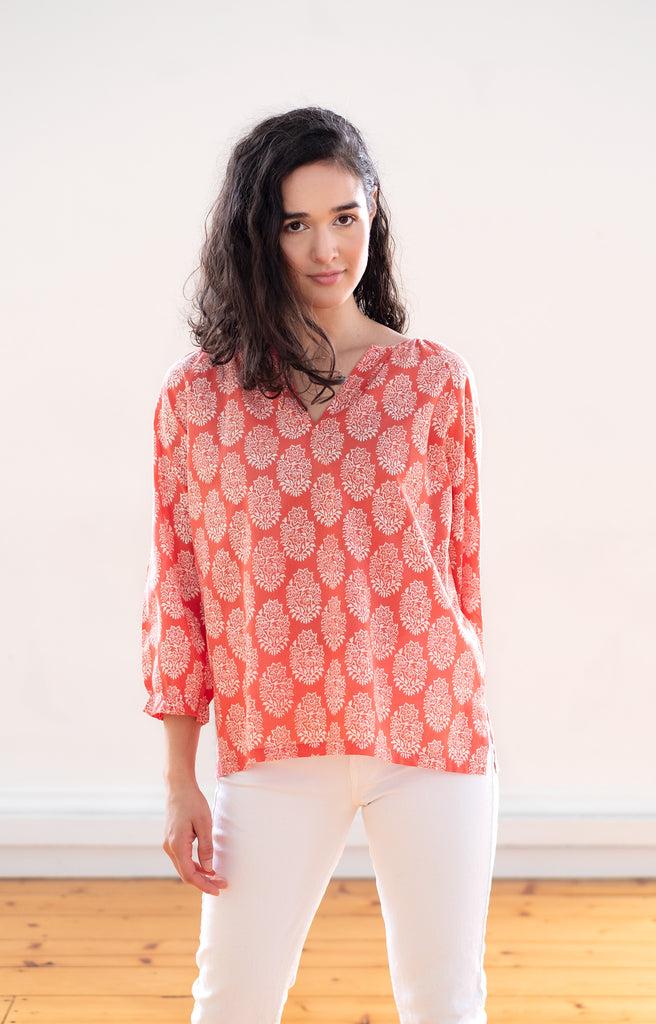 anokhi Artisan Blouse in Coral Motif