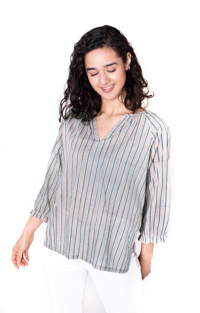 anokhi Artisan Blouse in Grey Stripe