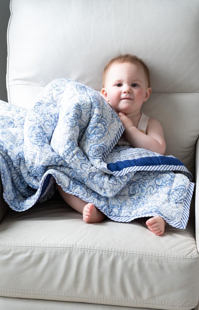 Anokhi Baby Quilt In Porcelain Flower Blue