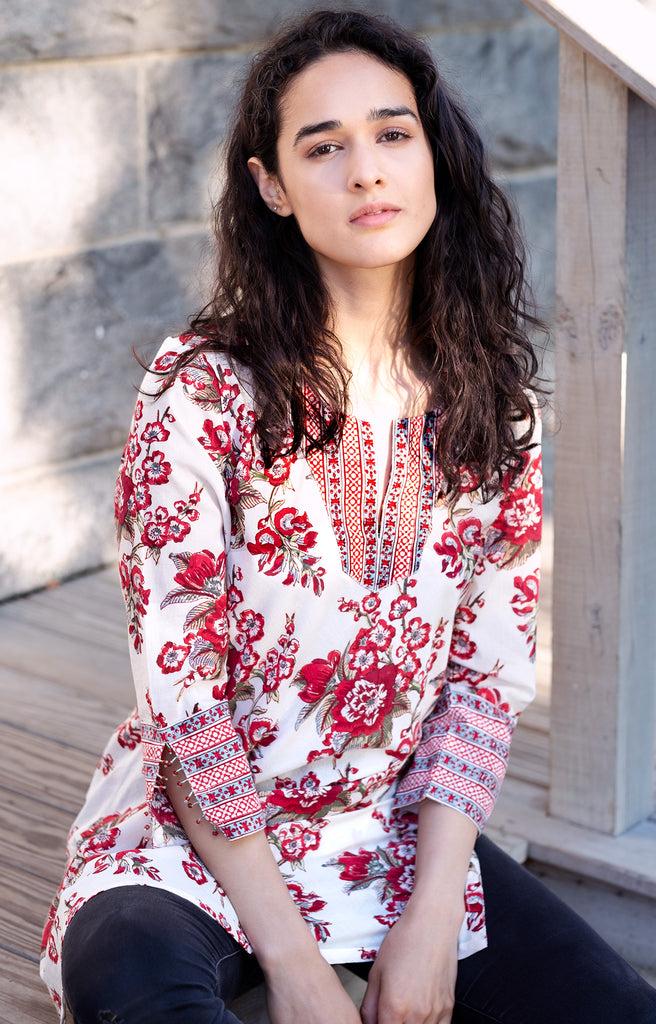 Anokhi Bias Tunic In Blossoms Red