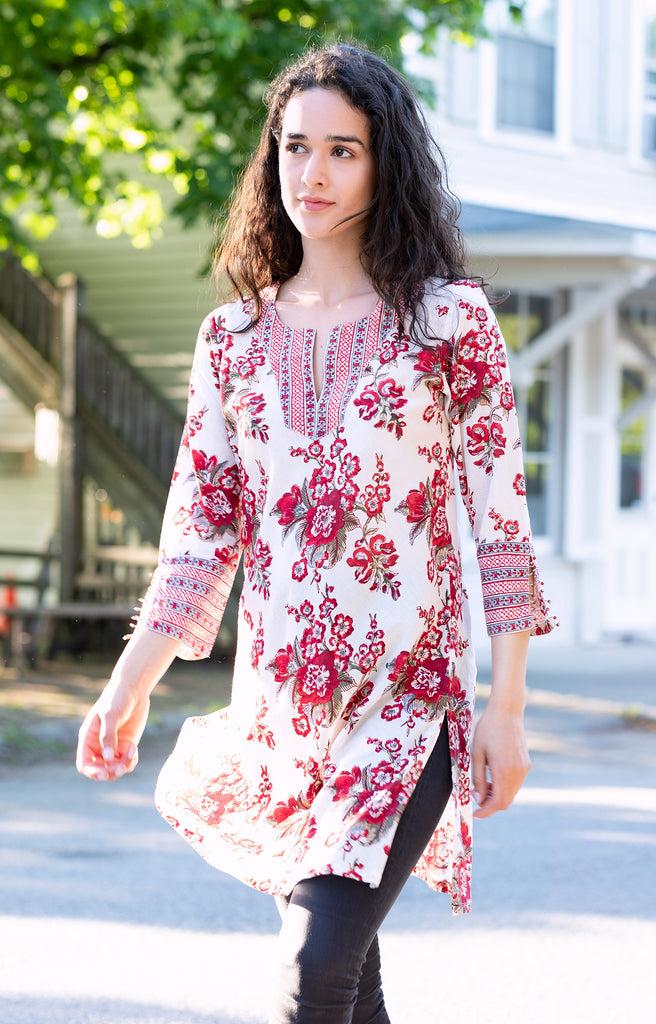 Anokhi Bias Tunic In Blossoms Red
