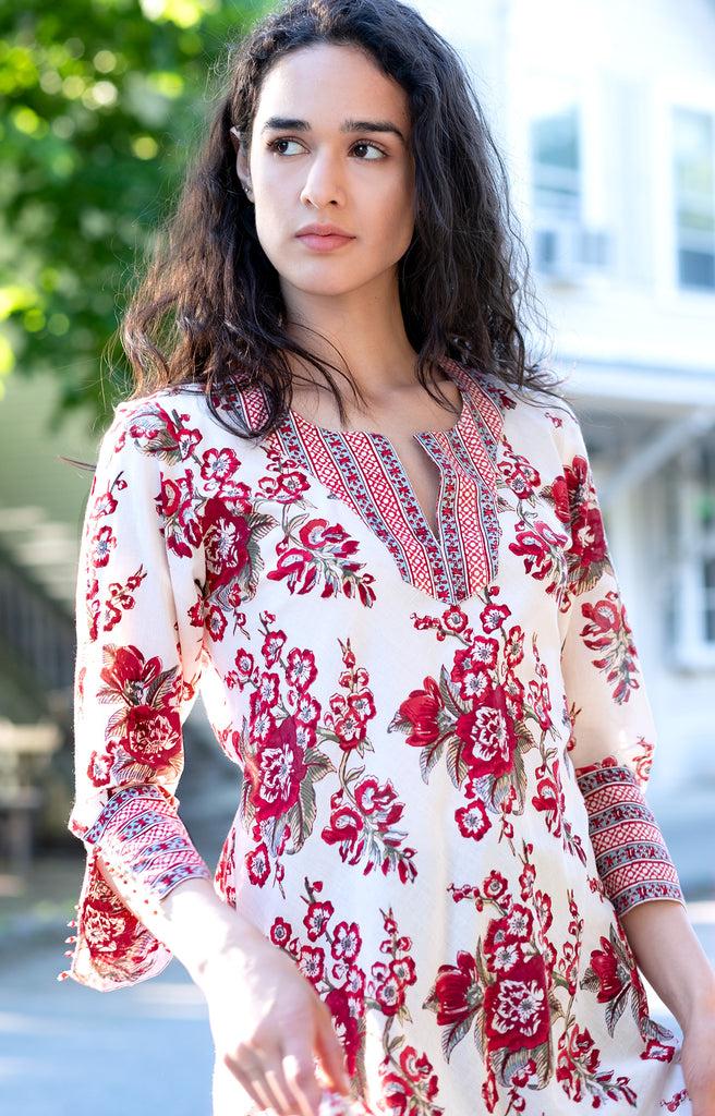 Anokhi Bias Tunic In Blossoms Red