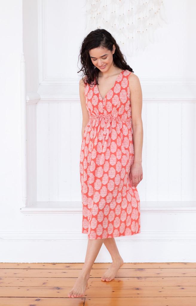anokhi Button Sundress in Coral Motif