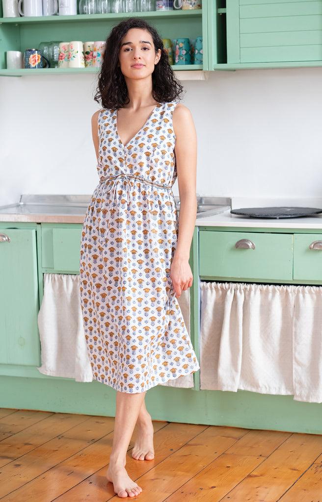 anokhi Button Sundress in Gold Tulip