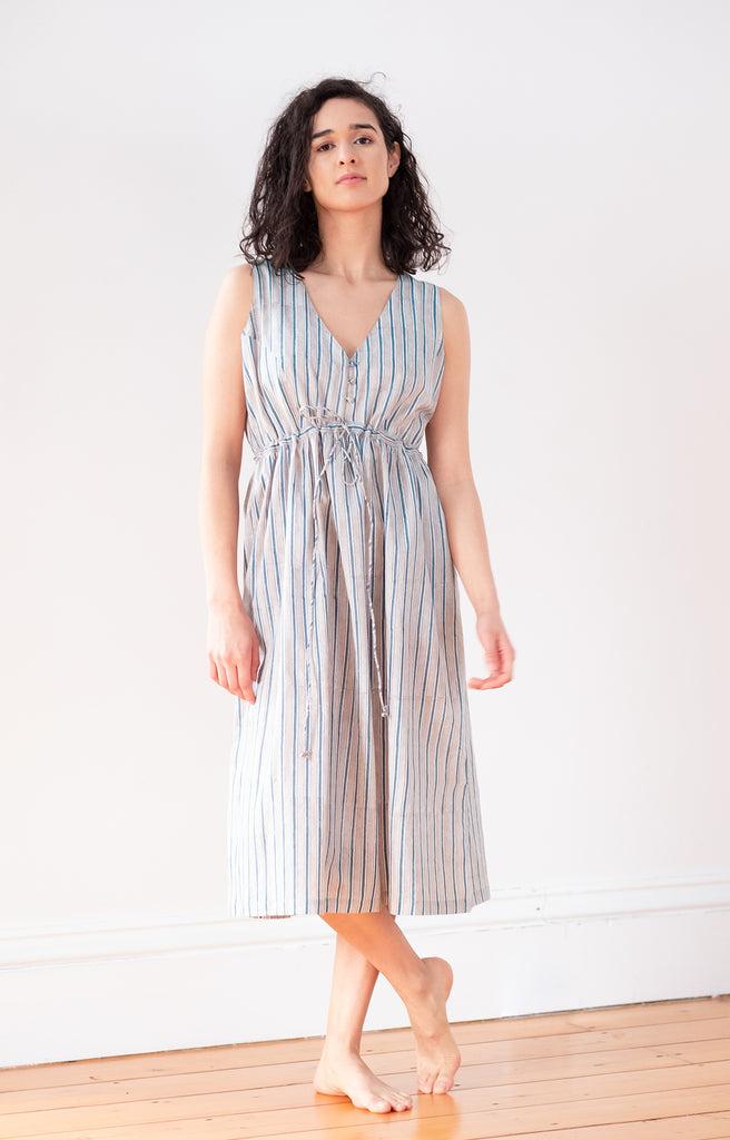 Anokhi Button Sundress In Grey Stripe