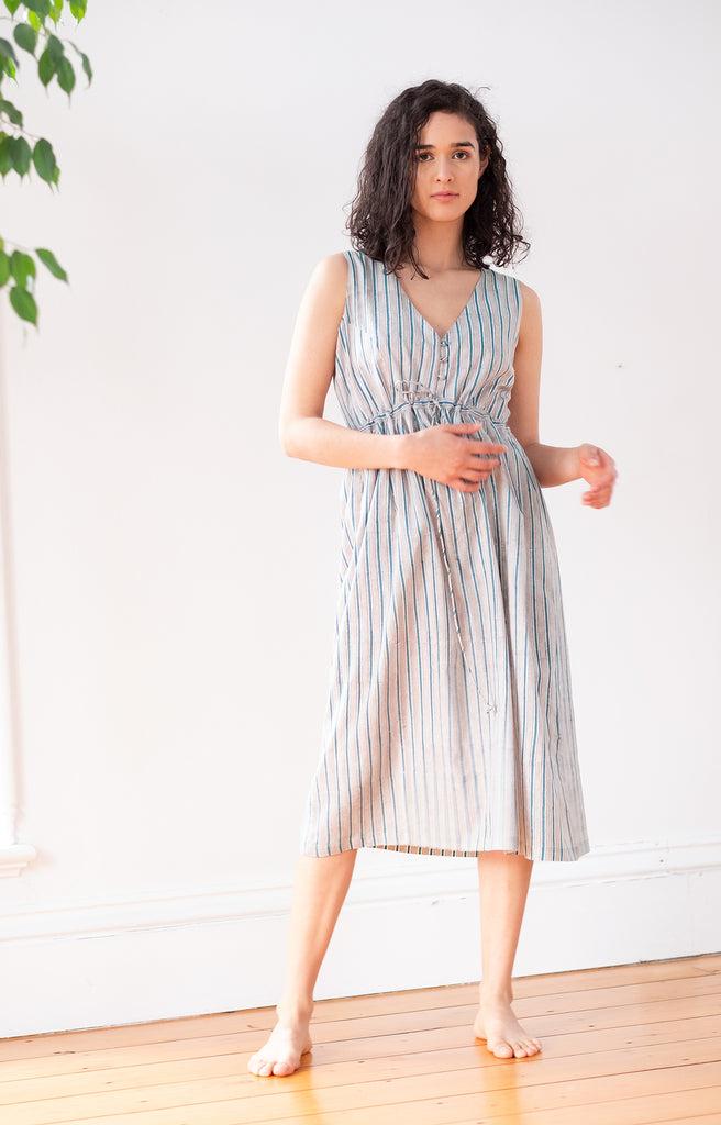 anokhi Button Sundress in Grey Stripe