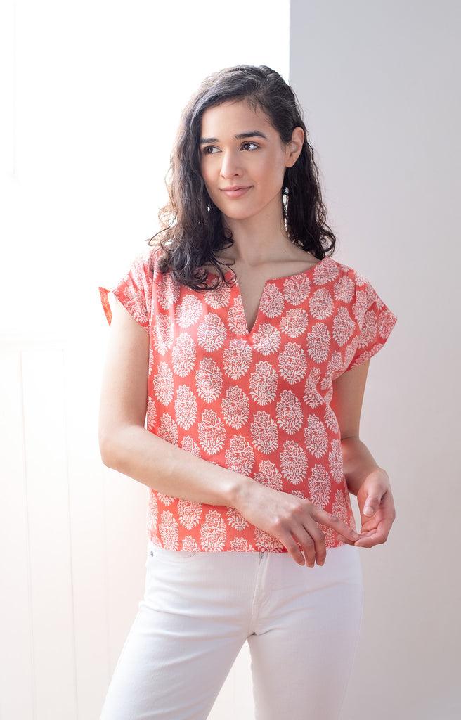 anokhi Cap Tee in Coral Motif