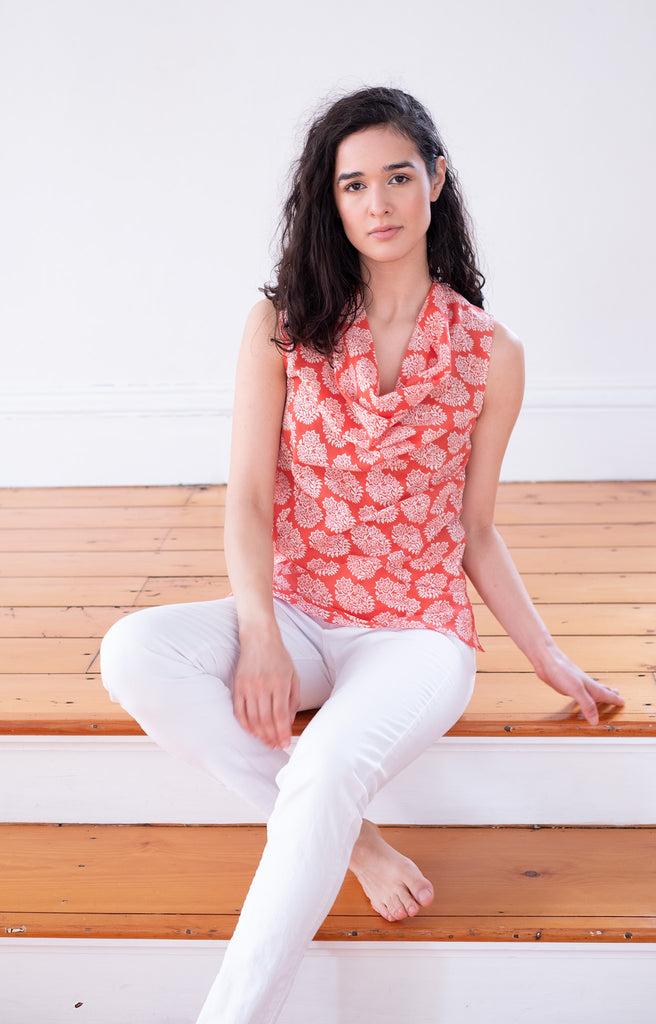 Anokhi Cowl Tank In Coral Motif