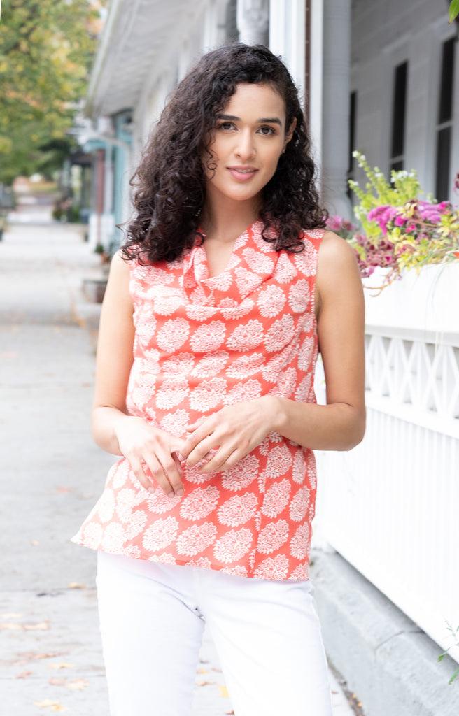 anokhi Cowl Tank in Coral Motif