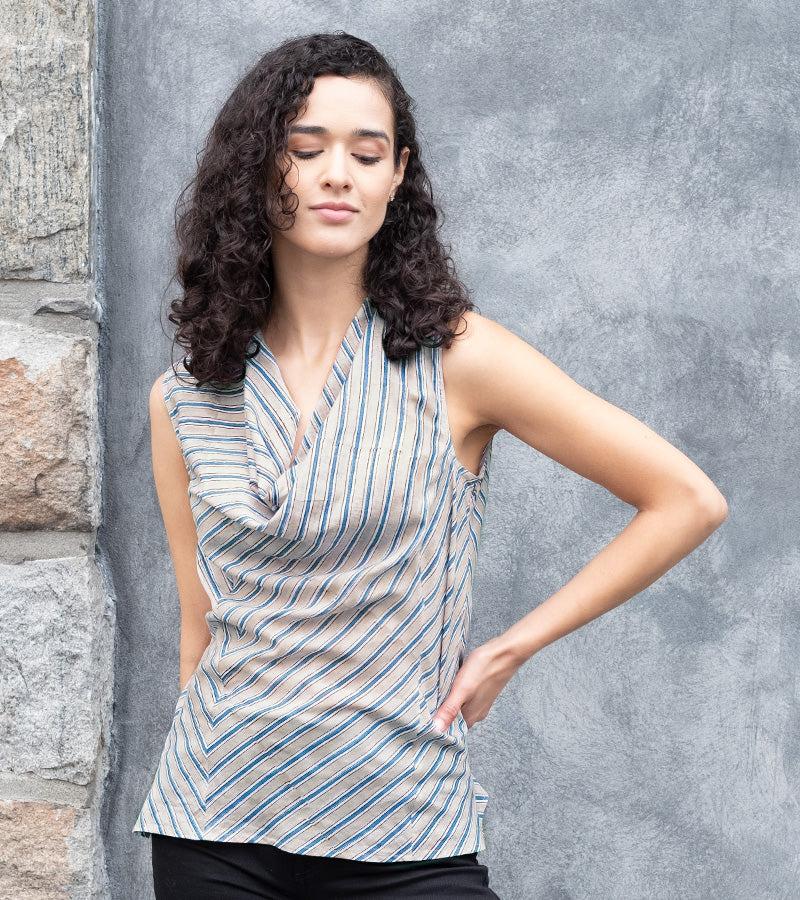 Anokhi Cowl Tank In Grey Stripe