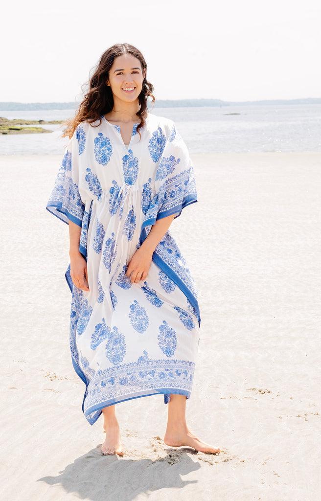 anokhi Drawstring Kaftan in Blue Bouquet