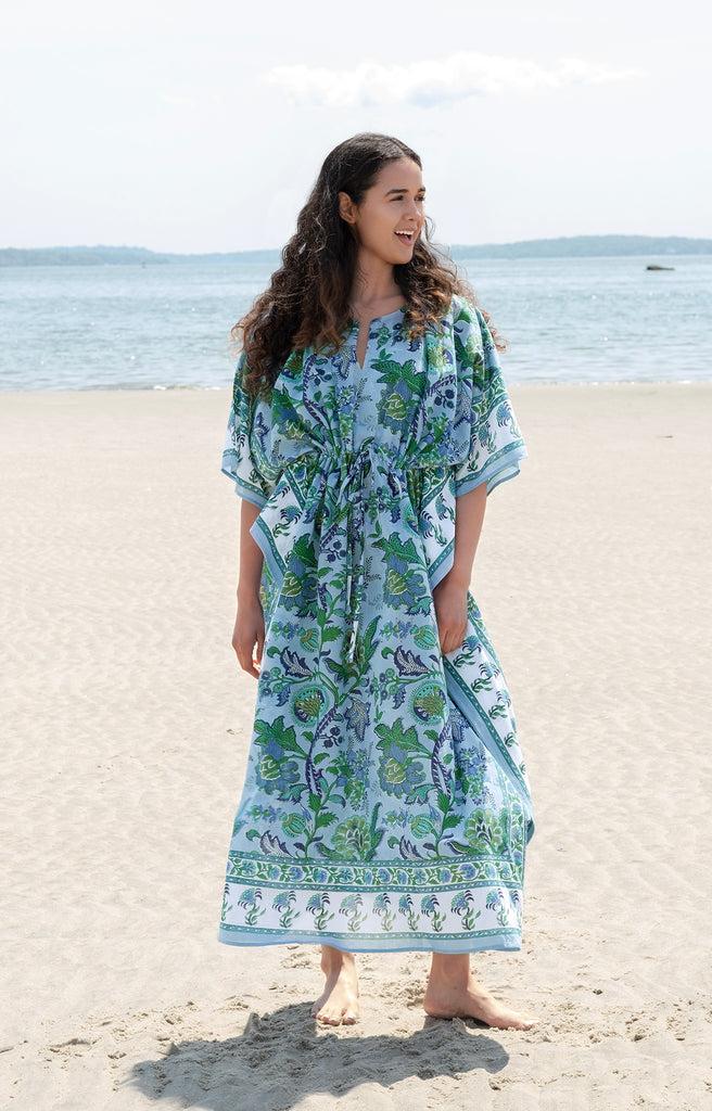 anokhi Drawstring Kaftan in Damask Sky