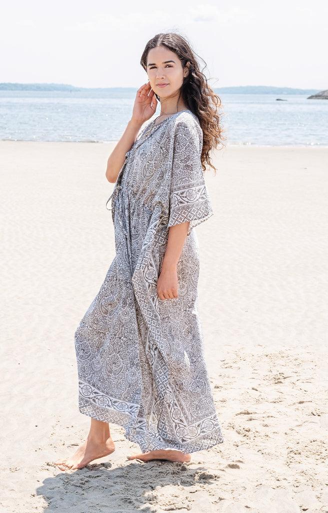 anokhi Drawstring Kaftan in Grey Tiles