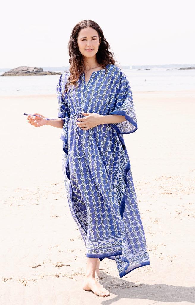 anokhi Drawstring Kaftan in Lapis Poppy