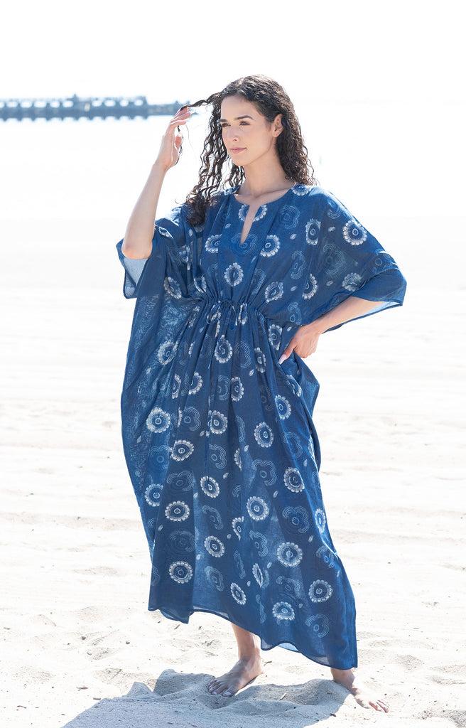 anokhi Drawstring Kaftan in Moonlit Daisy