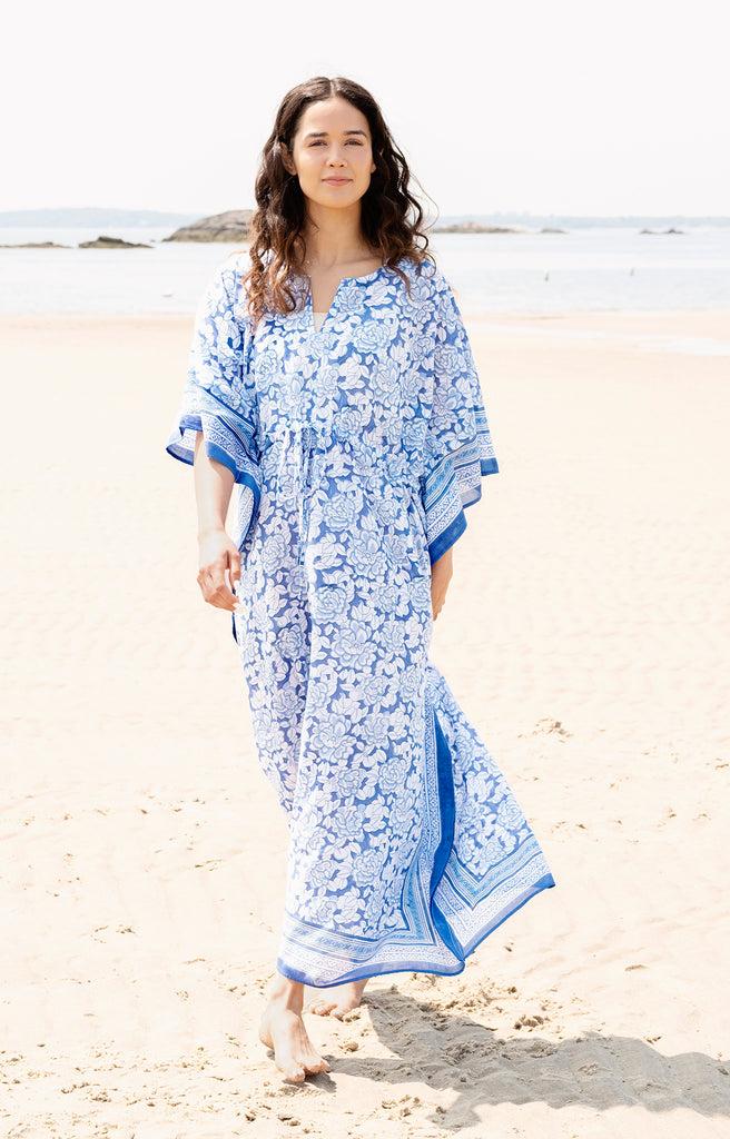 anokhi Drawstring Kaftan in Porcelain Flower Blue
