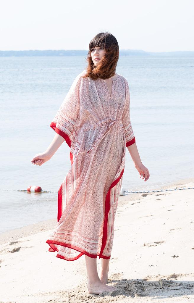 anokhi Drawstring Kaftan in Red Tiles