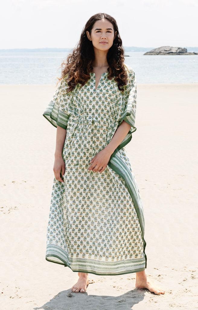 anokhi Drawstring Kaftan in Trillium Flower