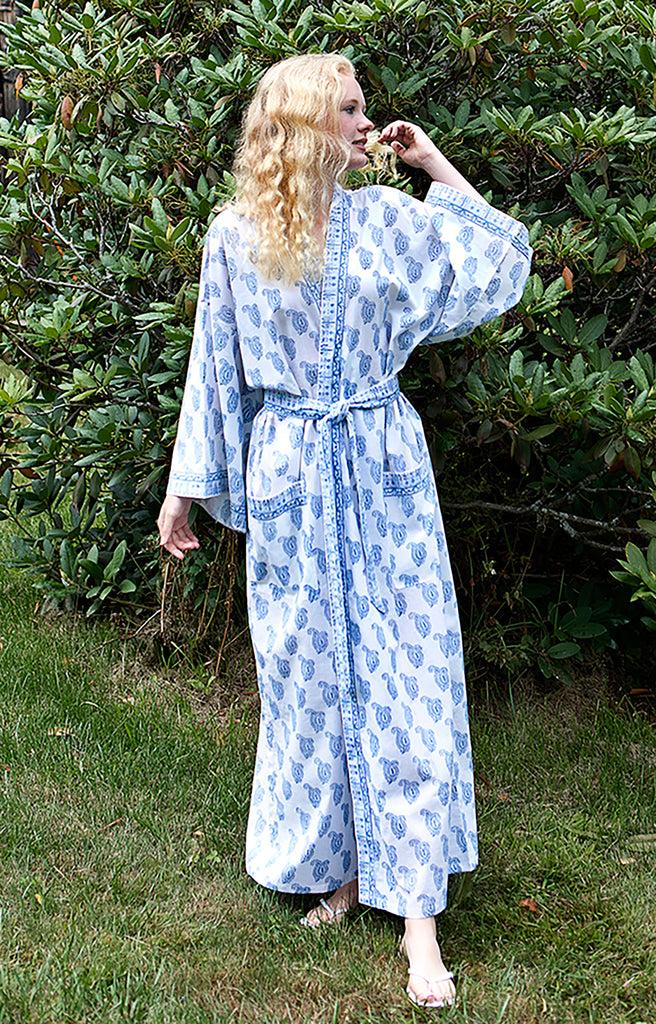 Anokhi Long Kimono In Denim Double Paisley