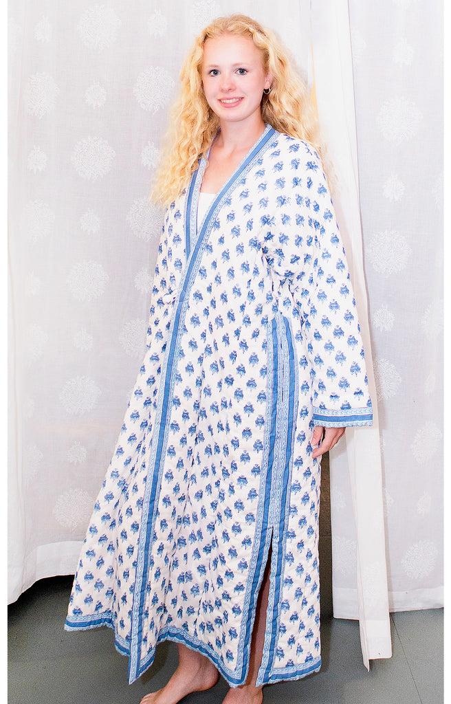 anokhi Petite Quilted Robe in Blue Posies