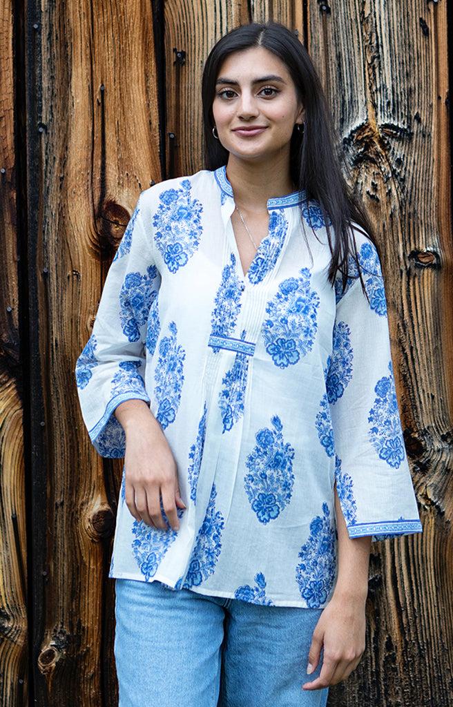 Anokhi Pintuck Blouse In Blue Bouquet