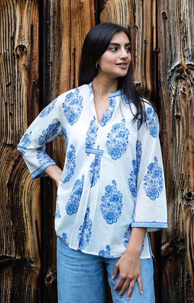 anokhi Pintuck Blouse in Blue Bouquet
