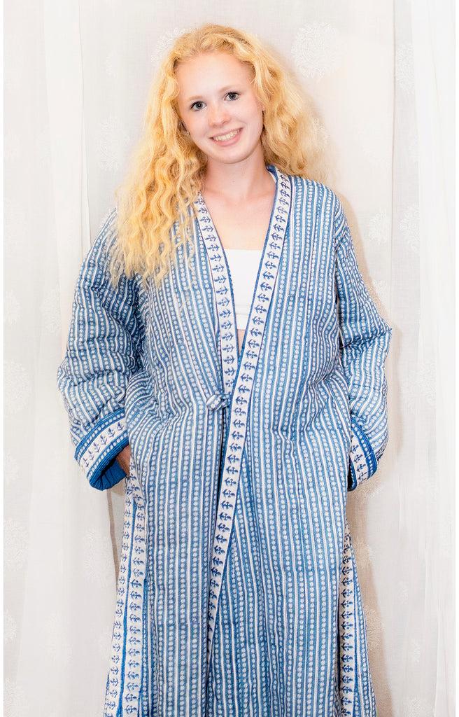 anokhi Quilted Robe in Striped Denim