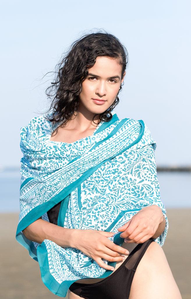 Anokhi Sarong In Teal Stencil