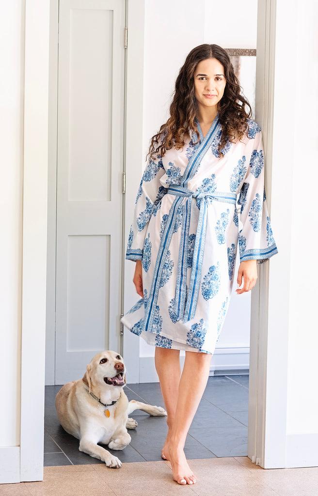 anokhi Short Kimono in Blue Bouquet