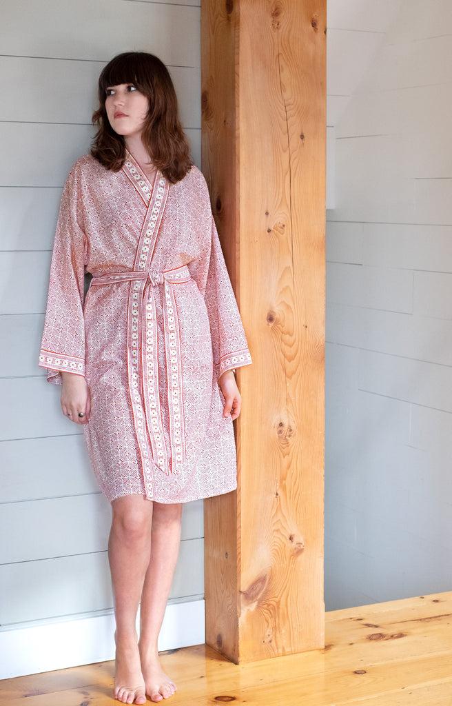 anokhi Short Kimono in Red Tiles