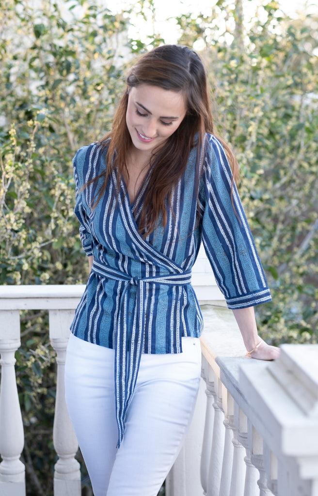 Anokhi Wrap Top In Denim Stripe