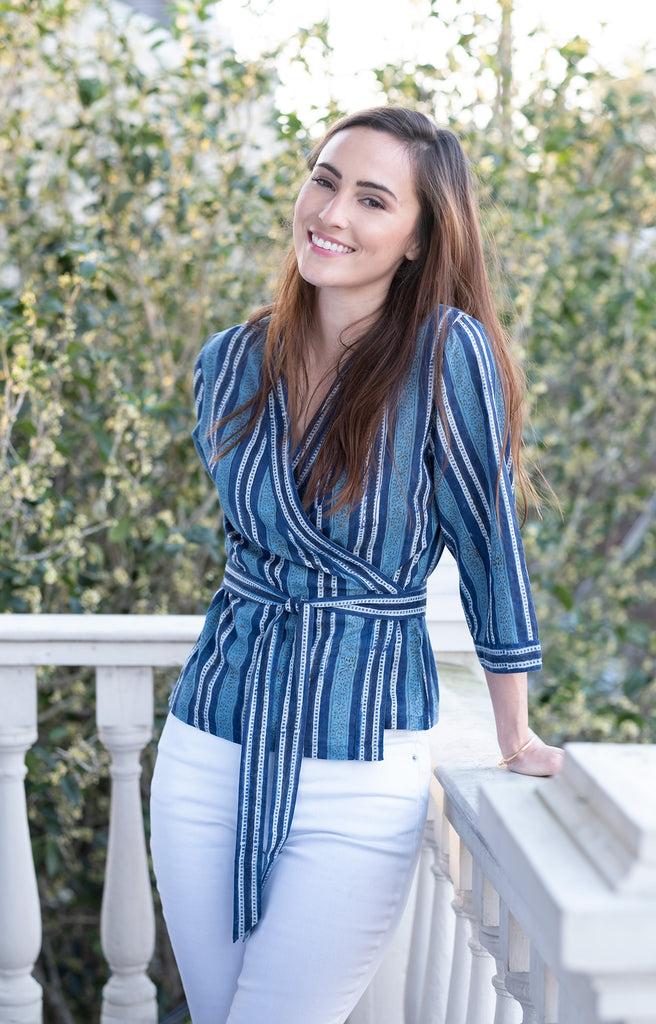 Anokhi Wrap Top In Denim Stripe