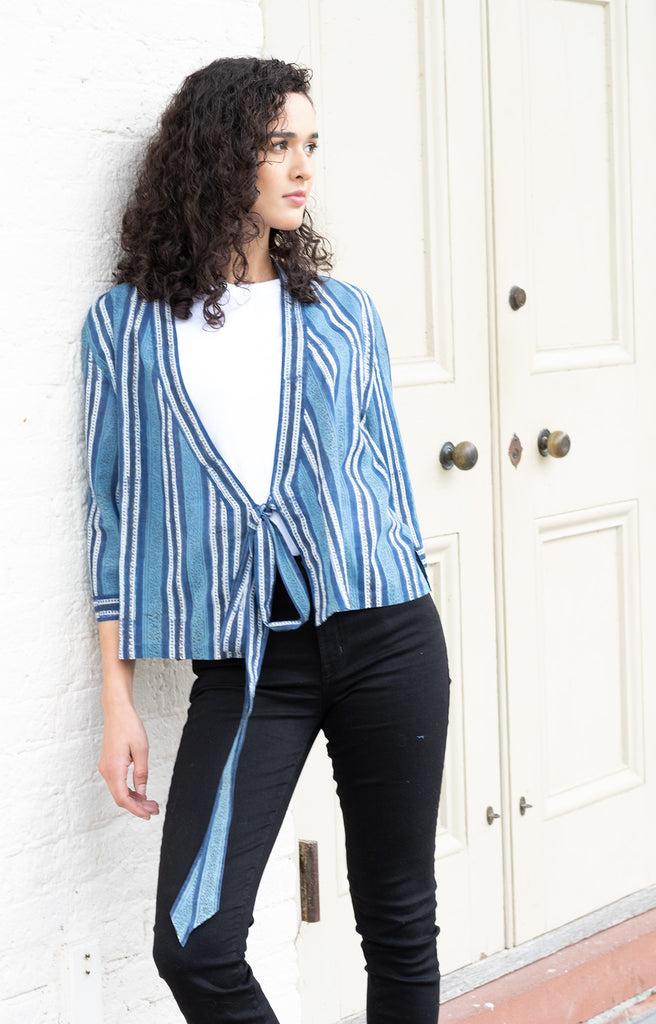 anokhi Wrap Top in Denim Stripe