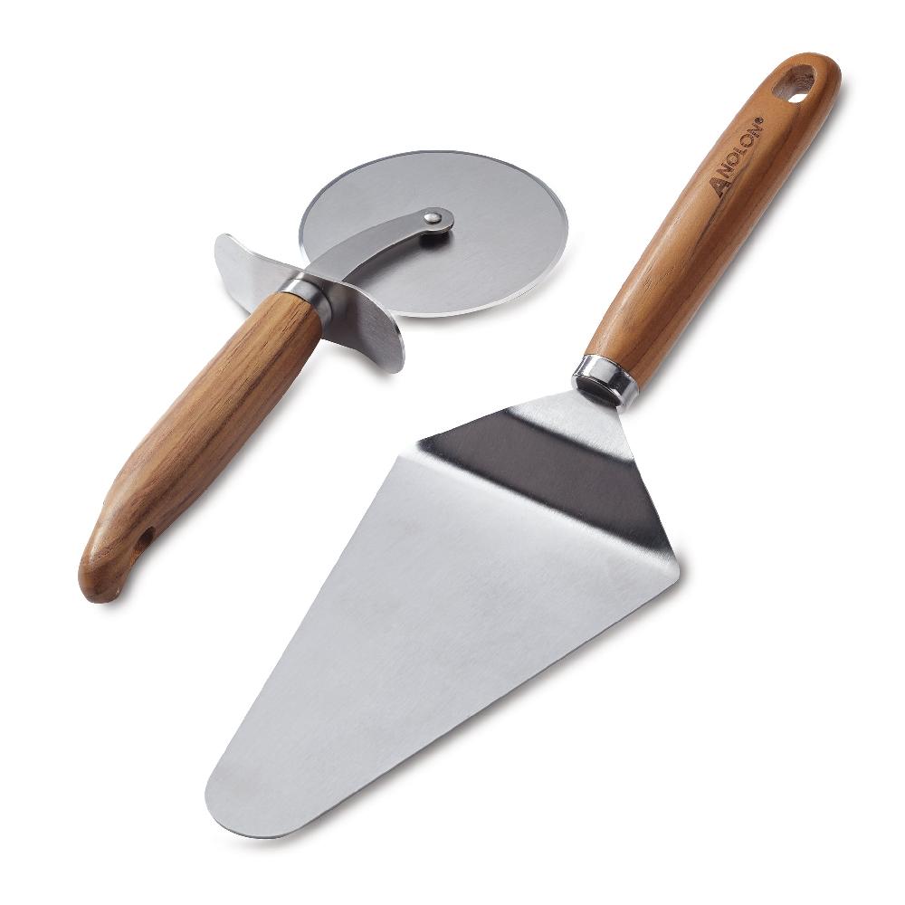 anolon Teak Pizza Cutter and Server Set