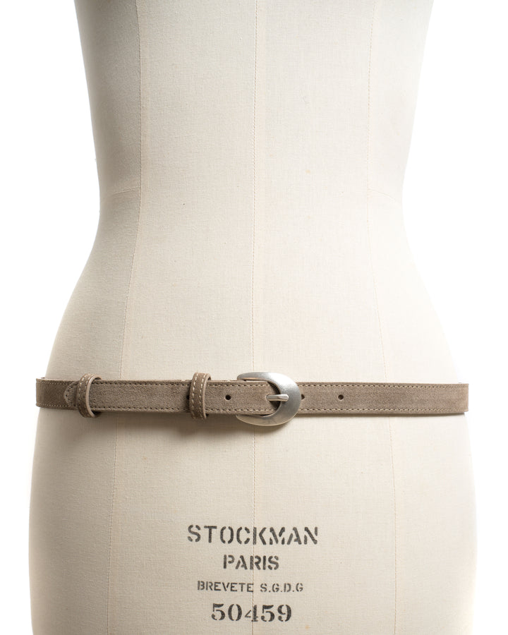 Anonymous Copenhagen Aris Unisex Leather Belt Calf Suede Mushroom U0026 Silver Buckle