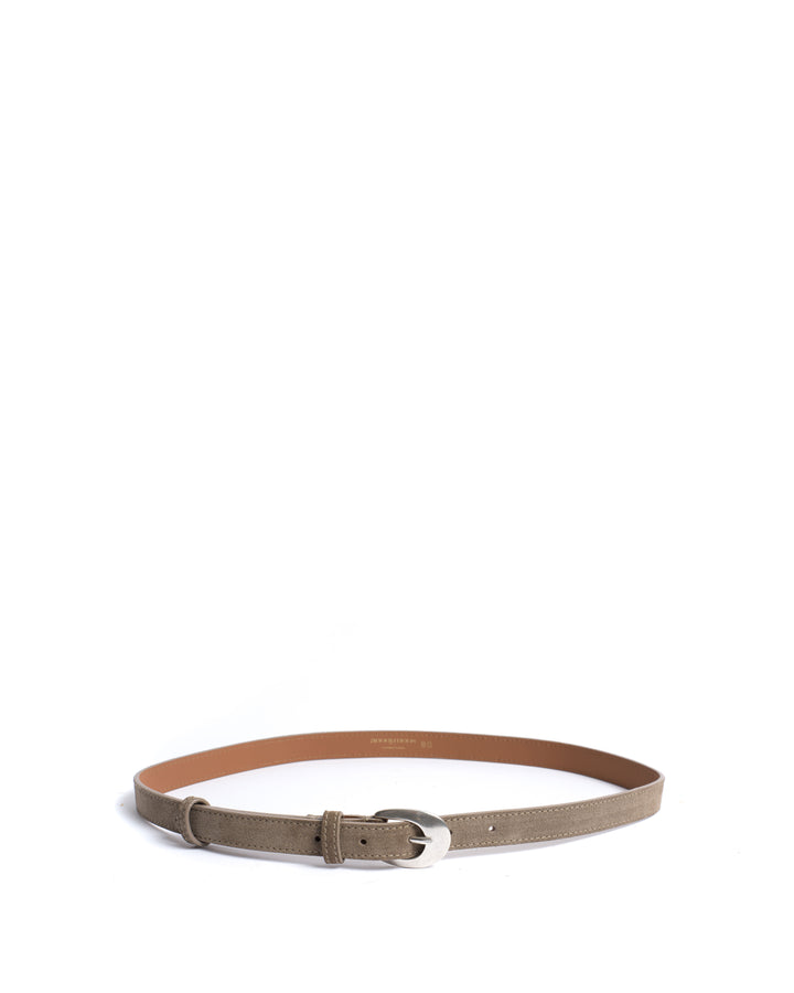Anonymous Copenhagen Aris Unisex Leather Belt Calf Suede Mushroom U0026 Silver Buckle