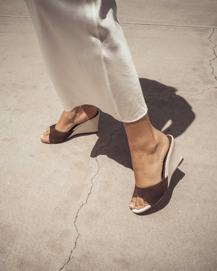 Anonymous Copenhagen Gwen 75 Wedge Calf Suede U0026 Sleek Leather Coffee Brown U0026 Milk White