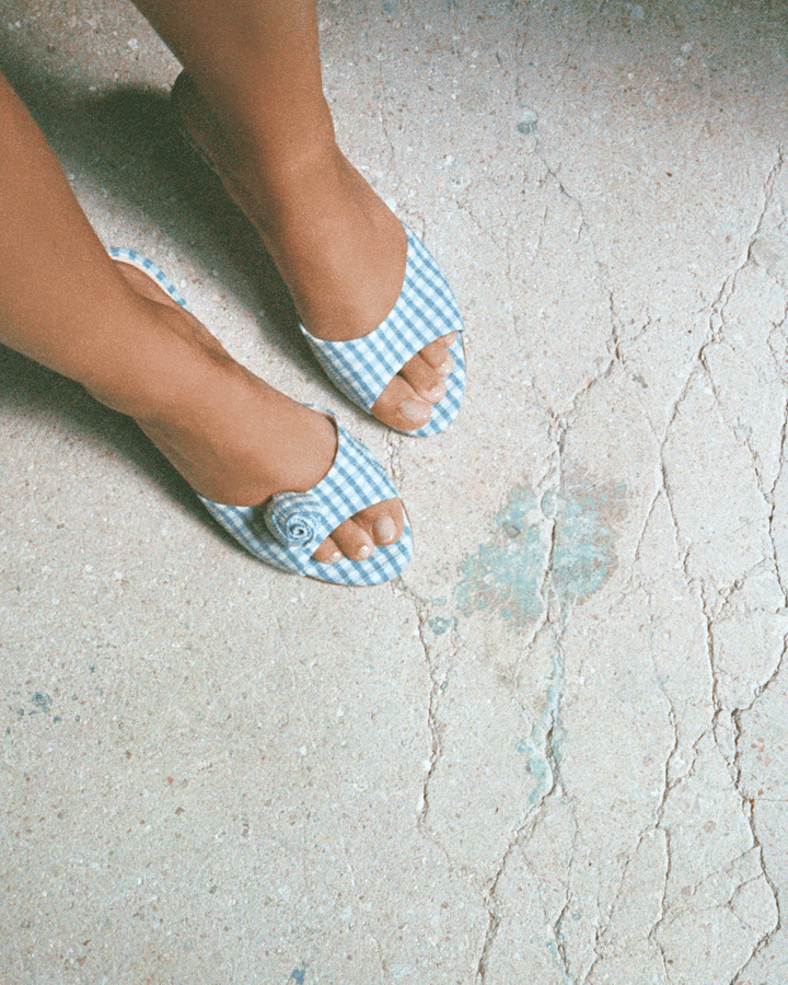 Anonymous Copenhagen Gwen 75 Wedge Pleated Gingham Vegan Bubble Blue