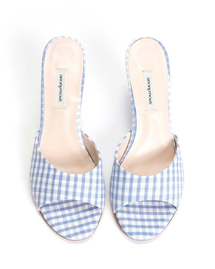Anonymous Copenhagen Gwen 75 Wedge Pleated Gingham Vegan Bubble Blue