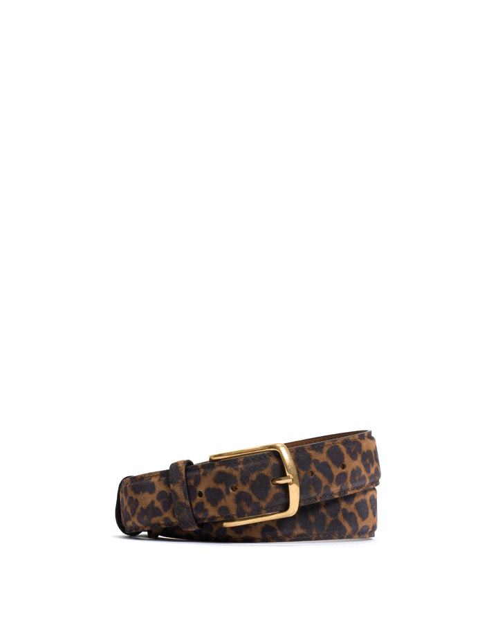 anonymous copenhagen Quinn classic unisex leather belt Calf suede print Leopard u0026 gold buckle